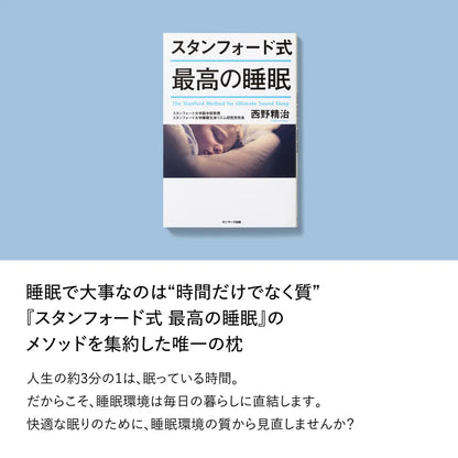 西野精治著『スタンフォード式 最高の睡眠』と「睡眠で大事なのは時間だけでなく質」のメッセージ。ネックコンディショニングの開発背景を紹介する説明画像