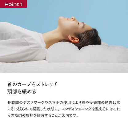 Point1｜ブレインスリープ ピロー ネックコンディショニングで仰向けに横たわる女性の写真。首のカーブを整え頭部を緩めることを解説
